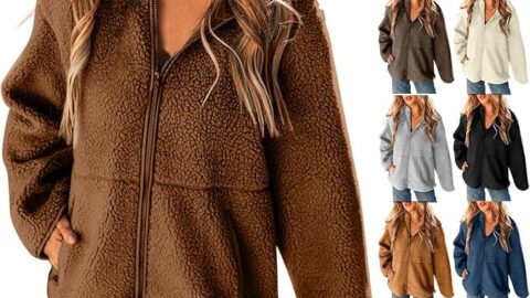 Womens Fuzzy Fleece Zip up Jacket Sherpa Stand Collar Full Zip Jacket Teddy Jacket Casual Warm Jackets with Pockets