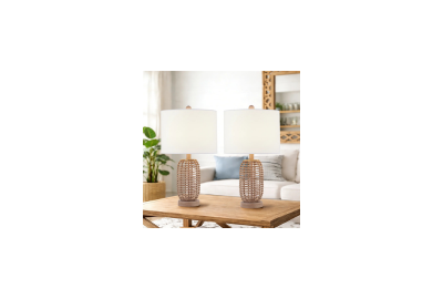 Arcola 21" Wicker Rattan Table Lamp with Knob Switch and White Linen Shade for Living Room and Bedroom (Set of 2)