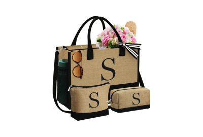 Initial Jute Beach Tote Bag & 2 Makeup Bags
