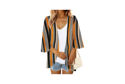 Women Floral Print Puff Sleeve Kimono Cardigan